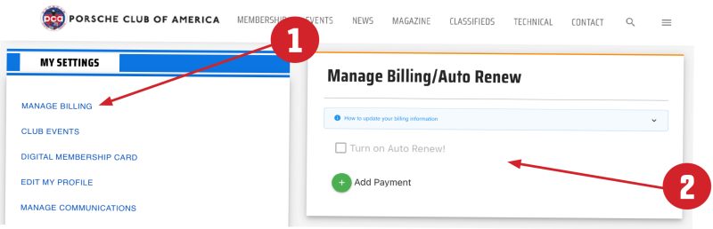 Website images showing where to auto-renew your membership